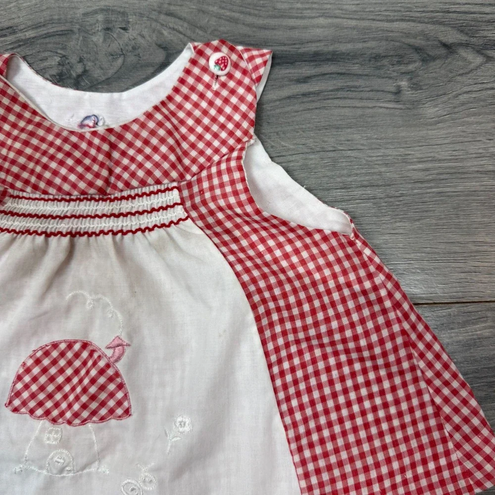 Vintage Red Gingham Mushroom House Baby Dress 3-6M Sleeveless Strawberry Button